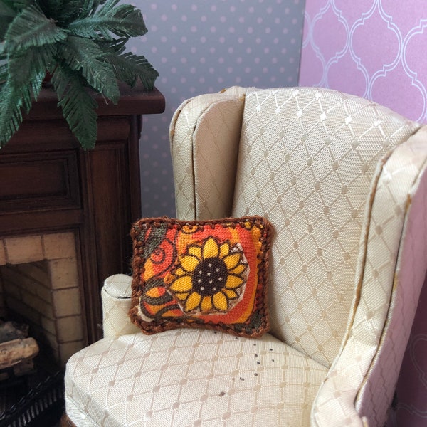 Sunflower Fall 1:12 scale pillow, hand-embroidered and sewn, handmade miniatures, miniature dollhouse fall decorations