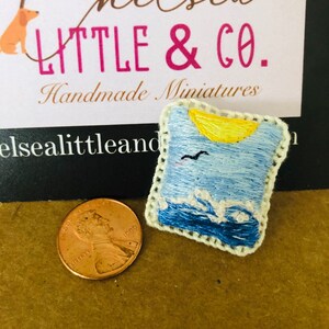 Summer Ocean and Sun pillow, 1:12 embroidered pillow, hand-embroidered and sewn, handmade miniatures, miniature dollhouse holiday