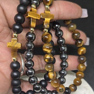 Tiger&#39;s Eye Cross Charm Bracelet For Men,Men&#39;s Natural Stone Bracelet With Tiger Eye cross, 8mm Stretchy Tiger&quot;s Eye Cross Bracelet