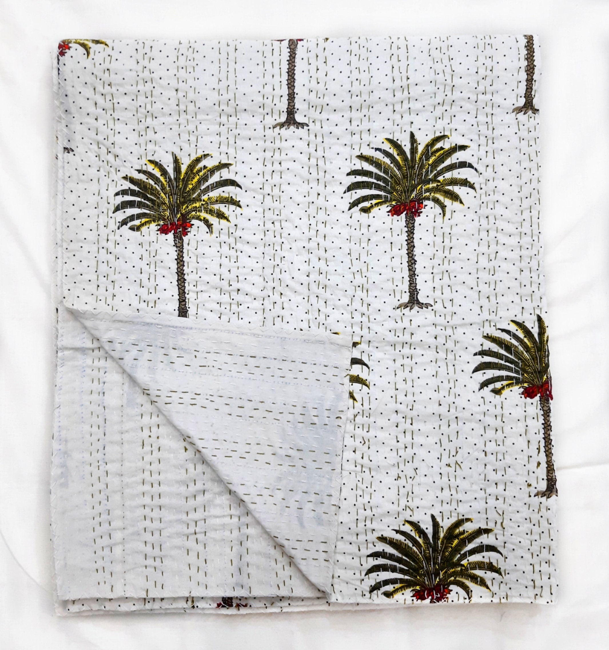 Palm tree hand block print kantha quilted quilt king/twin size | Etsy