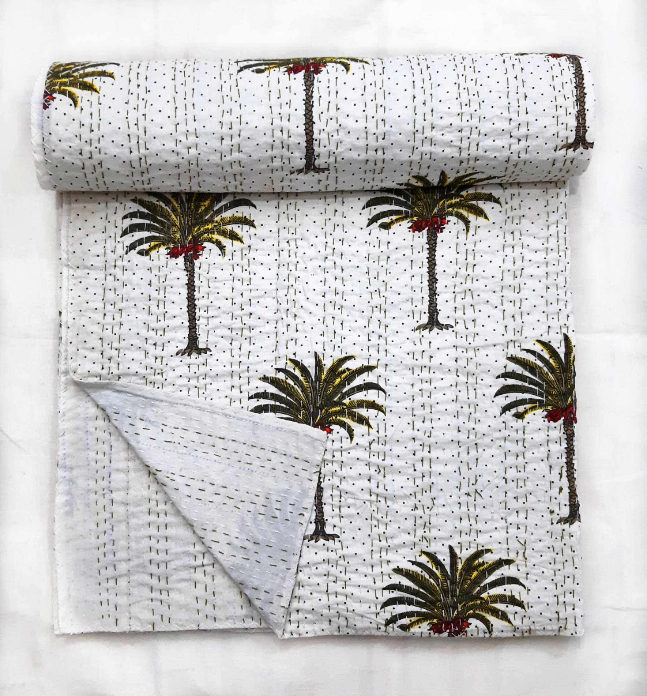 Palm tree hand block print kantha quilted quilt king/twin size | Etsy