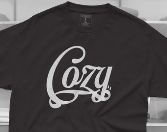 May include: Black t-shirt with a white stylized "Cozy" graphic.