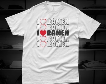 May include: White t-shirt with the text "I love ramen" repeated five times in black with a red heart between each "I" and "love".
