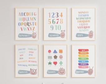 Preschool Learning Posters: Alphabet, Numbers, Shapes (Digital Download)