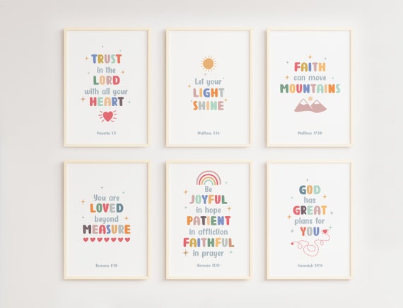 Set of 6 Kids Bible Verses, Christian Education, Nursery Bible Verse, Catholic School, Classroom Pack Christian, Homeschool, Catholic Prints