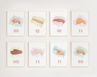 May include: Eight framed prints with watercolor illustrations of hands in different positions, each representing a note on the musical scale. The notes are labeled "Do", "Re", "Mi", "Fa", "Sol", "La", "Ti", and "Do".
