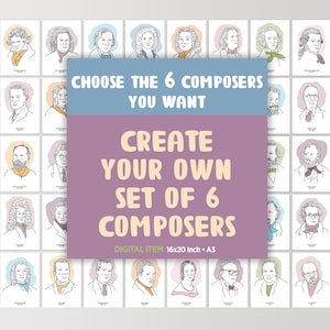 Set di 6 compositori, set di poster di compositori classici, musica classica, poster musicale, aula di musica, poster di compositori