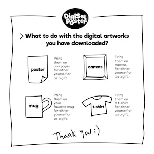 May include: Black and white illustration of different ways to use digital artwork, including printing on a poster, canvas, mug, and t-shirt. The text reads "What to do with the digital artworks you have downloaded?" and "Thank you!".