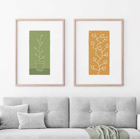 Heart Leaf Set of 2, Digital Prints, Botanical Prints, Botanical Wall Art, Green Wall Art, Orange Wall Art