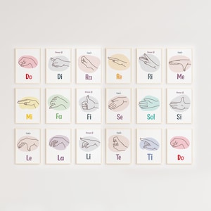 May include: A set of framed art prints featuring hand gestures representing musical notes. Each print displays a hand illustration with a colored background and a musical note name, such as "Do" or "Re". The prints are arranged in a grid.