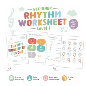 Op de afbeelding: Een beginnersset met ritme-werkbladen met kleurrijke muziekeducatiepagina's. De bladen bevatten ritmenootidentificatie, matching-oefeningen en componistenstickers. Tekst bevat "Beginner Rhythm Worksheet Level 1" en "Learn Rhythm. Love Music." met iconen voor printbaar, digitale download en A4-formaat.
