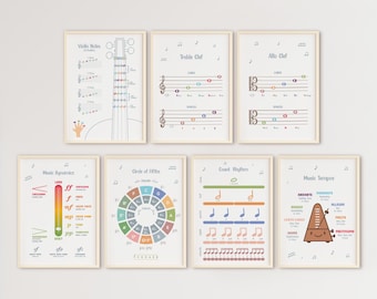 May include: A set of eight printable music theory posters featuring colorful illustrations and diagrams. The posters cover topics such as violin notes, treble clef, alto clef, music dynamics, circle of fifths, count rhythm, and music tempos.