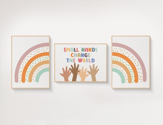 Small Hand Change the World Posters Set of 3 | Printable Classroom Decor & Diversity Wall Art | Motivational Rainbow Print