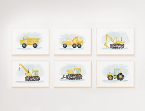 Set of 6 Construction Vehicle Posters, Boy Nursery Decor, PRINTABLE Wall Art, Construction Decor, Backhoe Excavator