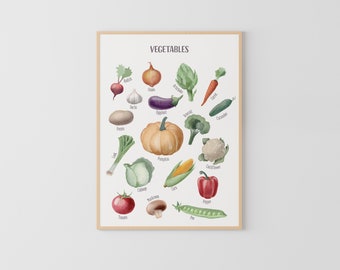 May include: A colorful illustration of various vegetables with their names labeled. The vegetables include artichoke, onion, garlic, eggplant, broccoli, carrot, cucumber, potato, pumpkin, cabbage, corn, pepper, mushroom, pea, and tomato.