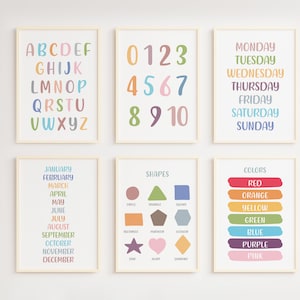 Educational posters, Set of 6 Preschool Posters,  Alphabet, Shapes, Numbers, Days, Months, Classroom decor, Montessori Poster