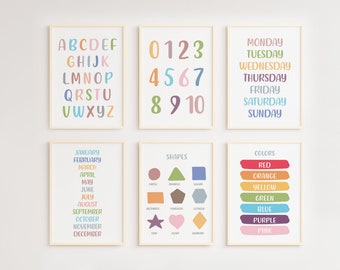 Educational posters, Set of 6 Preschool Posters,  Alphabet, Shapes, Numbers, Days, Months, Classroom decor, Montessori Poster