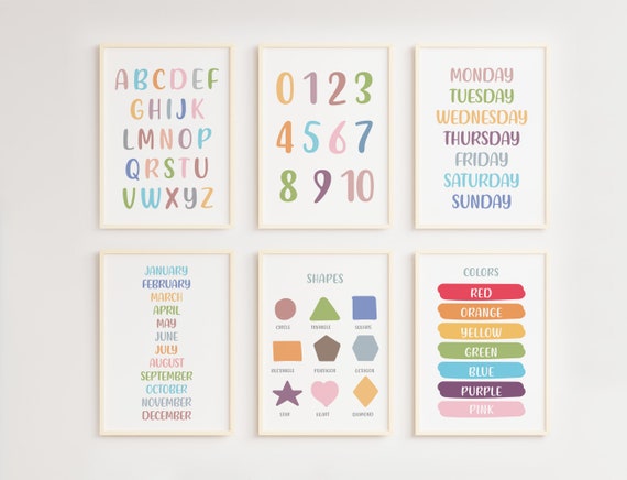 Educational posters, Set of 6 Preschool Posters,  Alphabet, Shapes, Numbers, Days, Months, Classroom decor, Montessori Poster