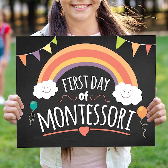 First Day of Montessori School Sign, First Grade Sign, Chalkboard Background