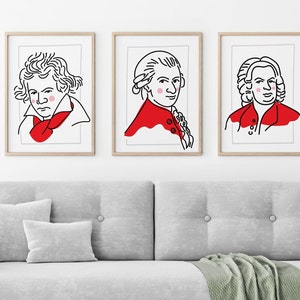 Beethoven, Mozart, Bach, set of 3 print, Music Composer, Classical Music, Line Art, music poster