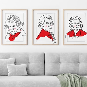 Beethoven, Mozart, Bach, set of 3 print, Music Composer, Classical Music, Line Art, music poster