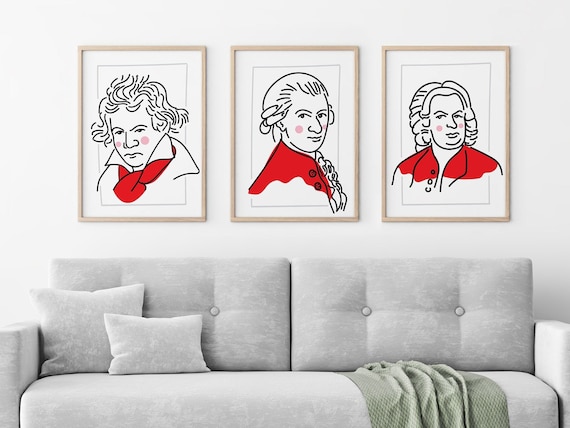 Set of 3 Music Composer Prints: Beethoven, Mozart & Bach Line Art Posters for Classical Music Lovers