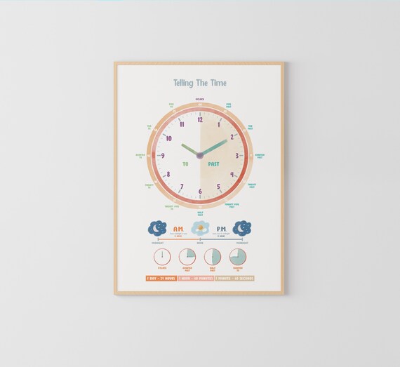 Telling The Time Poster, Time Printables, Neutral Playroom Decor, Kids Educational Poster, Digital Download