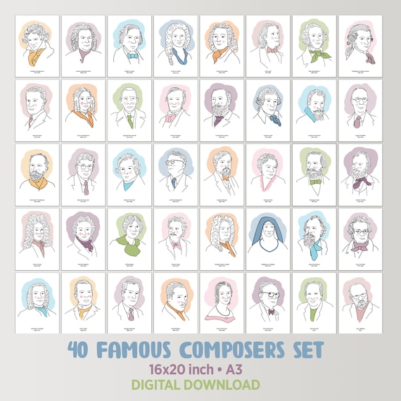 40 Famous Classical Composer Poster Set | Music Classroom Print, Educational Decor & Composer Artwork for Music Lovers