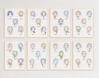 May include: A set of 12 framed prints featuring illustrations of people wearing scarves. Each print has a different color background and features a different person with a unique scarf design.