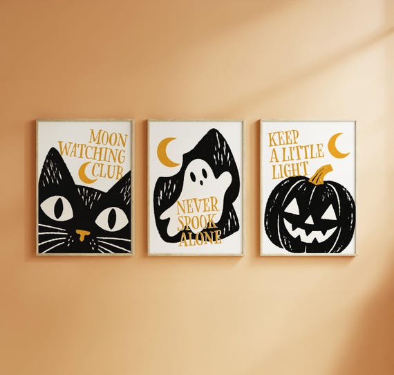 Printable Halloween Poster Set, Cat Ghost Pumpkin Wall Art
