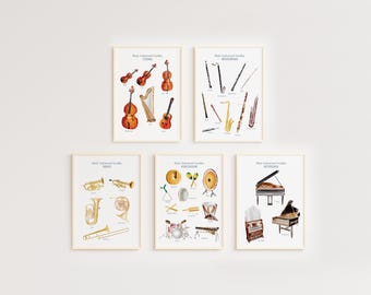 May include: Five framed art prints showcasing musical instrument families: strings, woodwinds, brass, percussion, and keyboards. Each print features detailed illustrations of various instruments in a vintage style, with text labels.