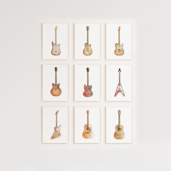 Guitar Poster Set of 9, Watercolor Guitar Prints, Music Room Wall Decor, Guitarist Gift
