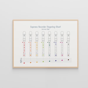 以下が含まれることがあります： ドイツ式ソプラノリコーダー運指表の額入りプリント。チャートには、さまざまな音符の指の位置を示す色付きのドットが付いた8つのリコーダー図が表示されています。リコーダーの下には、色付きの音符マーカーが付いた五線譜があります。