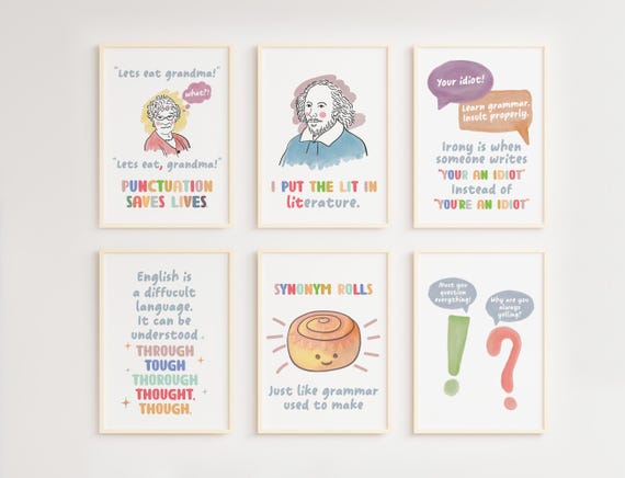 Funny English Classroom Posters, 6 Grammar and Punctuation Prints for Class Decor, Educational Art, Teaching Resources