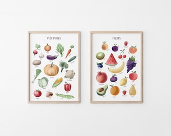 May include: Two framed prints with illustrations of fruits and vegetables. The print on the left is titled "VEGETABLES" and features 24 different vegetables. The print on the right is titled "FRUITS" and features 24 different fruits.
