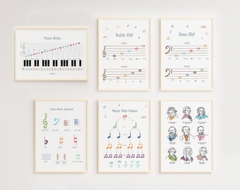 May include: Six printable music theory posters with colorful illustrations and text. The posters cover piano notes, treble clef, bass clef, basic music symbols, music note values, and famous composers.