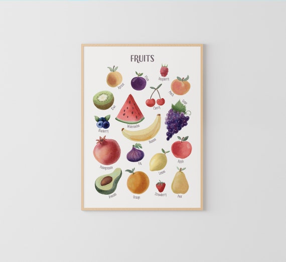 Fruits Poster, Watercolor Classroom Decor - Montessori Educational Art, Rainbow Fruit Print for Nursery and Playroom