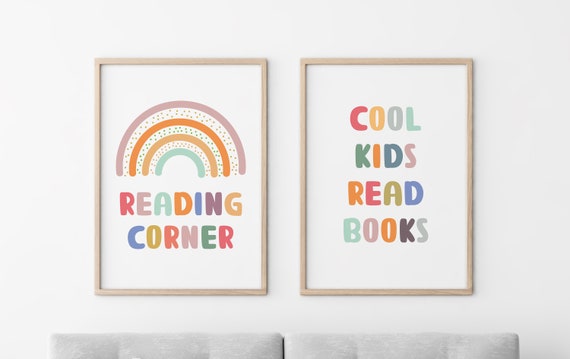 Reading Corner Poster, Cool Kids Read, Playroom & Nursery Decor, Book Lover Gift, Educational Room Artwork
