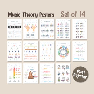 Set of 14 Piano Music Theory Print, Music note value, Music Education Print, Piano Room, Piano Lesson, Symbols Notes, music poster