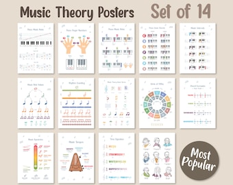 May include: A set of 14 colorful music theory posters with illustrations and diagrams. The posters cover topics such as piano music notes, finger numbers, music intervals, rhythm counting, music dynamics, tempo, time signatures, and chord formulas. The text "Most Popular" is displayed in a circle at the bottom right corner of the image.