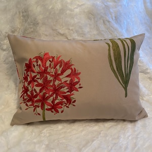 Floral cushion cover, cream with pink and green embroidered pattern. Rectangle or square.