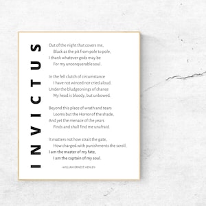 Invictus, William Ernest Henley, I am the master of my fate, I am the captain of my soul, Inspirational Typography Print, Poetry Quote Print