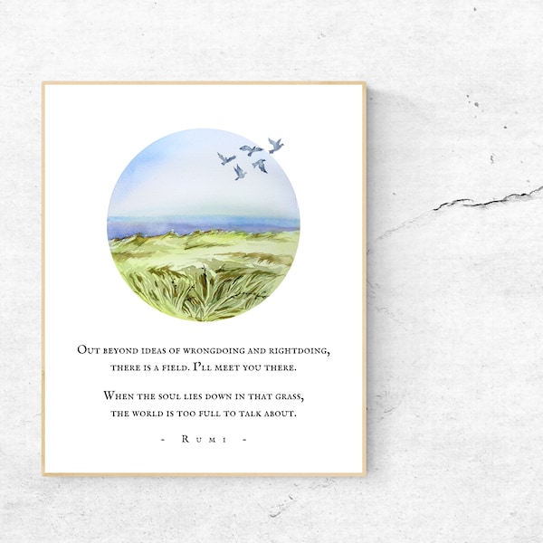 Más allá de las ideas de bien y maldad, hay un campo. Nos vemos allí. Rumi, Rumi Poesía, Acuarela, Impresión sin marco