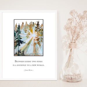 Between every two pines is a doorway to a new world, John Muir, Forest Wilderness Quote, Nature, The Great Outdoors, Watercolor Forest Print