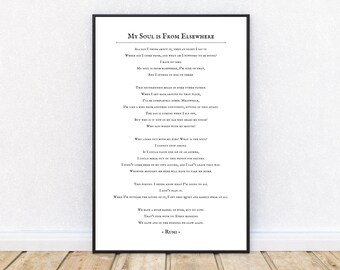Rumi, My soul is From Elsewhere, Full Poem, Typography Print, Rumi Poetry, Exploration of the Soul, Unframed