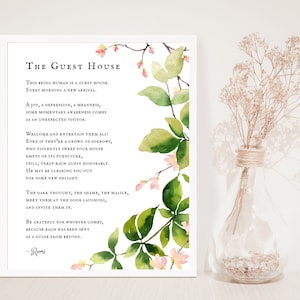 This being human is a guest house - Rumi Poetry - The Guest House Print - Every morning a new arrival - Floral Watercolor - Unframed - Rumi