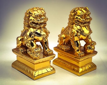 Foo Dog / Guardian Lion Pottery Figurine Set of 2 Gold Colored