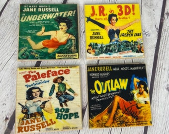 Jane Russell Movie Poster Coasters: Retro Hollywood Film Decor, handmade wooden coaster set