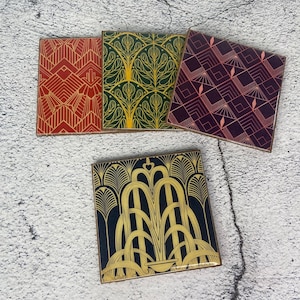 1920s Art Deco Coasters - resin sealed hard topcoat - handmade decorative coaster set of four - shatterproof cork backed - art deco décor