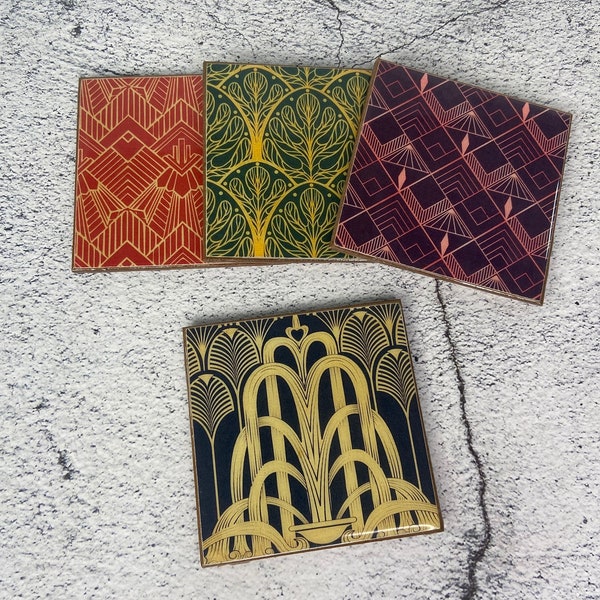 1920s Art Deco Coasters - resin sealed hard topcoat - handmade decorative coaster set of four - shatterproof cork backed - art deco décor